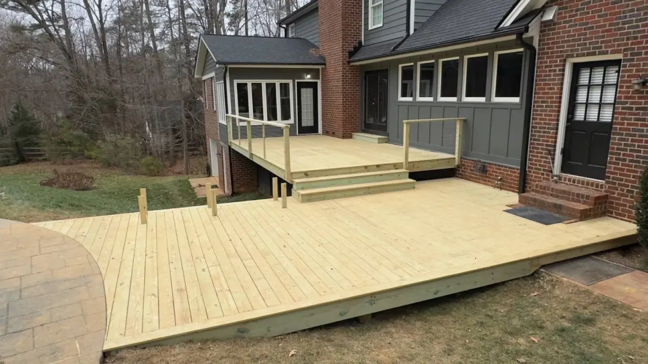 Pressure-treated deck with railing posts set, awaiting rail infill