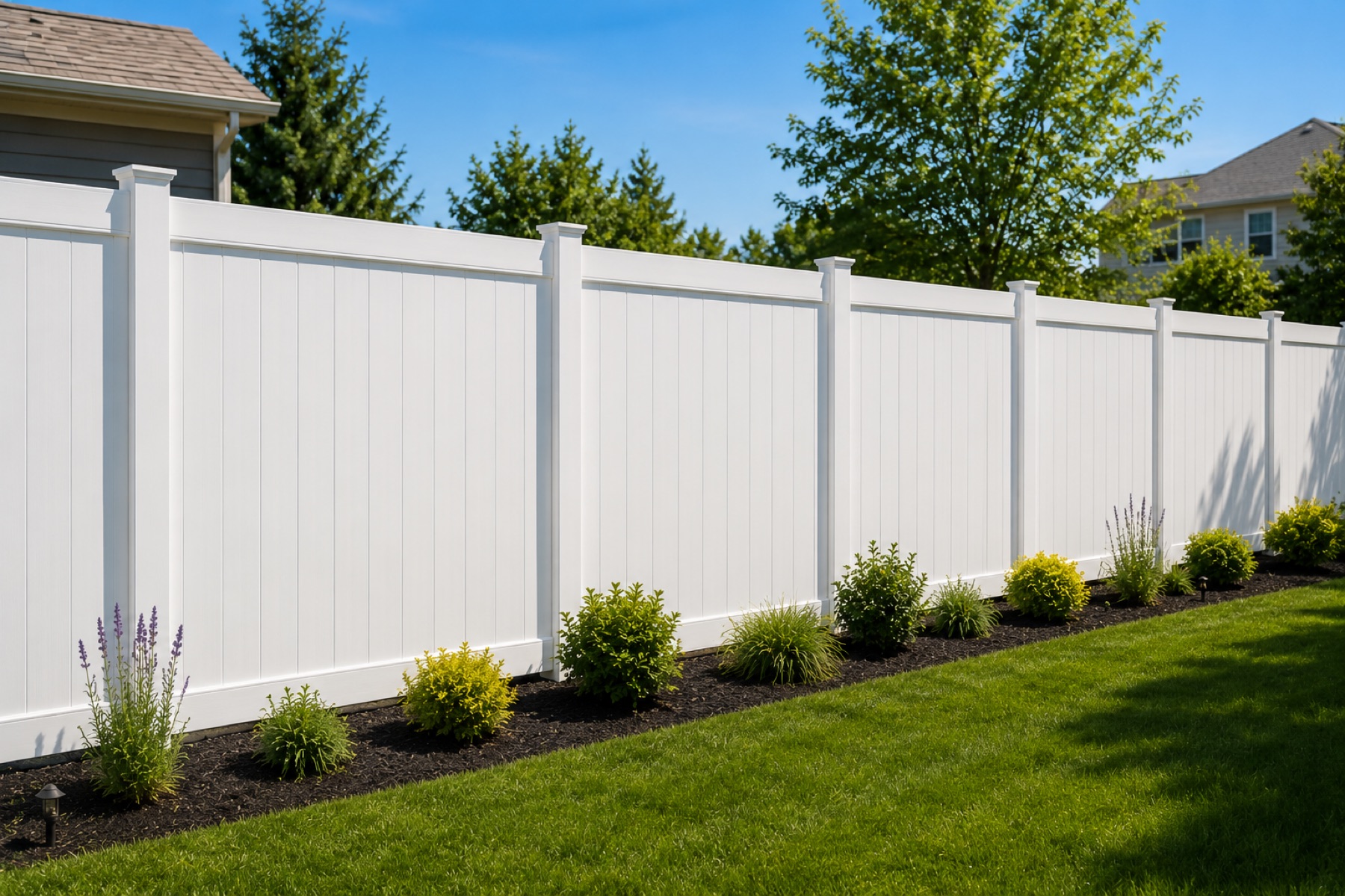 White vinyl privacy fence with landscaped border by Mission Decks