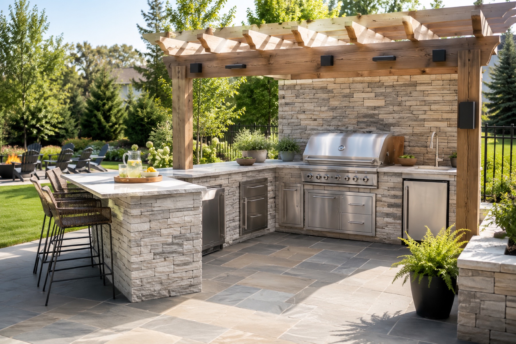 Custom stone outdoor kitchen with built-in grill, bar seating, and pergola by Mission Decks