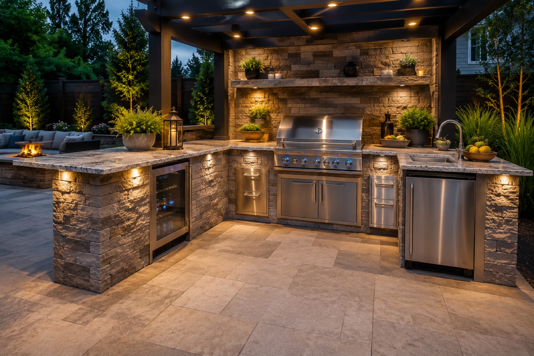 Stone outdoor kitchen with stainless grill and under-counter lighting at dusk