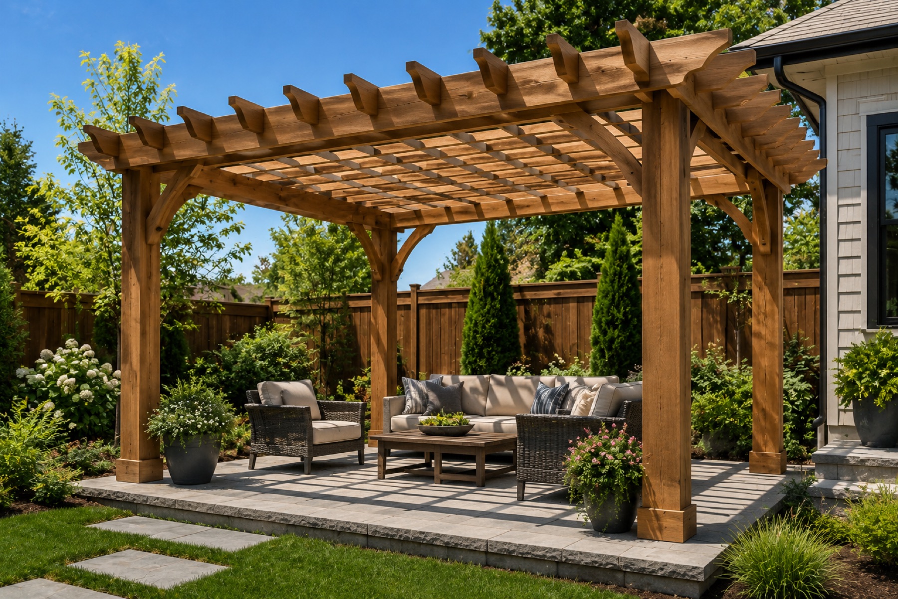 Cedar pergola over a paver patio with lounge seating by Mission Decks