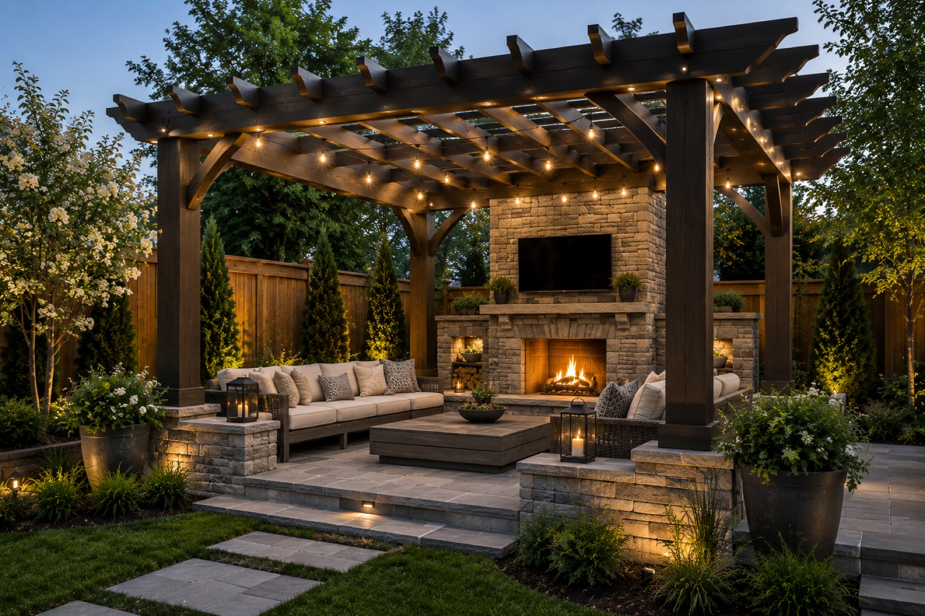 Dark-stained pergola with string lights and a stone fireplace at dusk