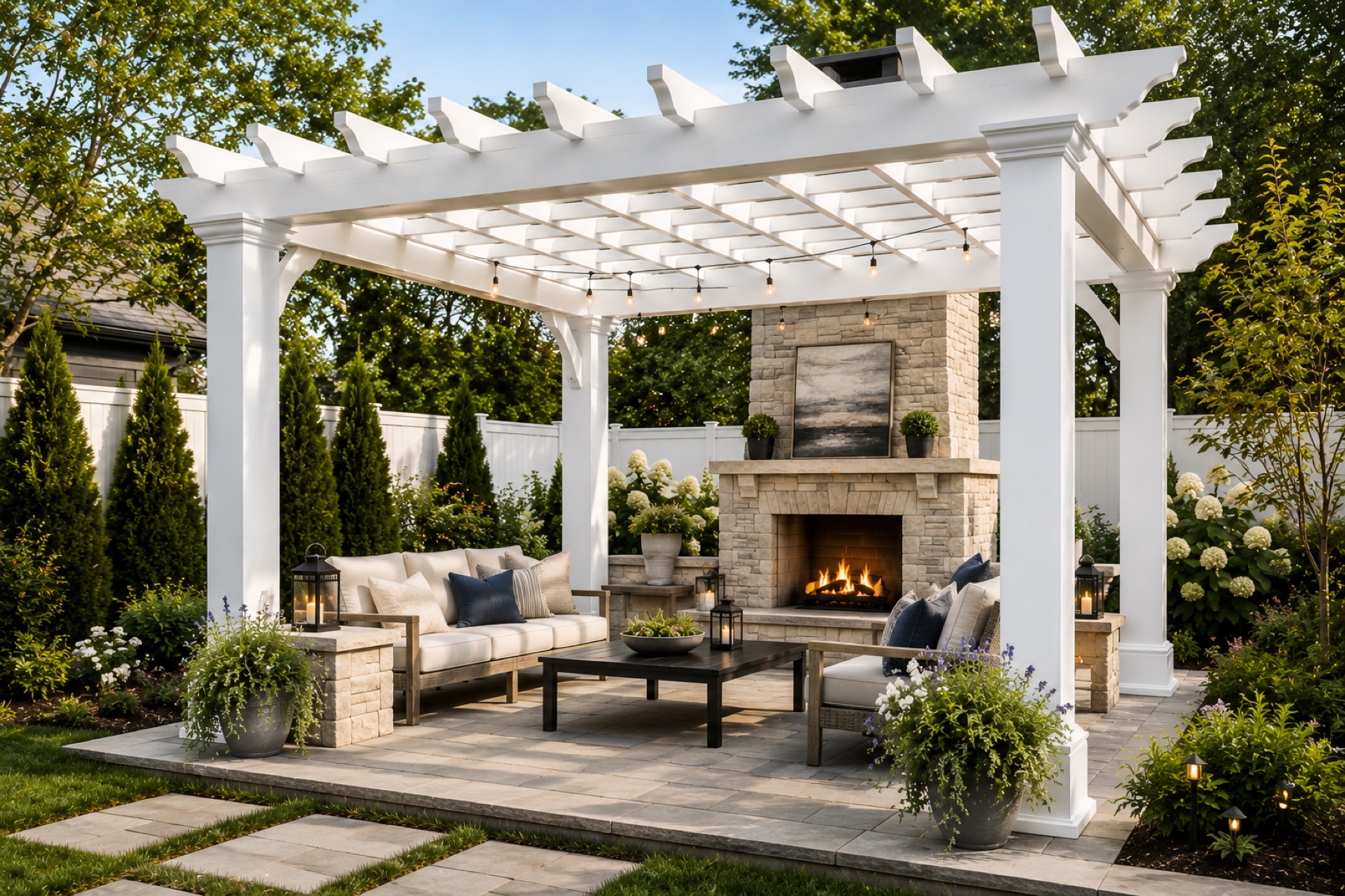 White pergola with stone fireplace and lounge seating in the evening