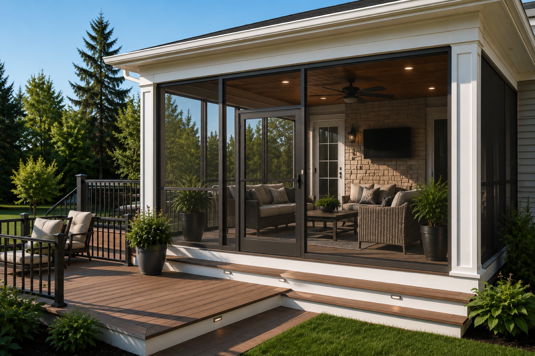 Screened porch with composite deck and steps in daylight by Mission Decks