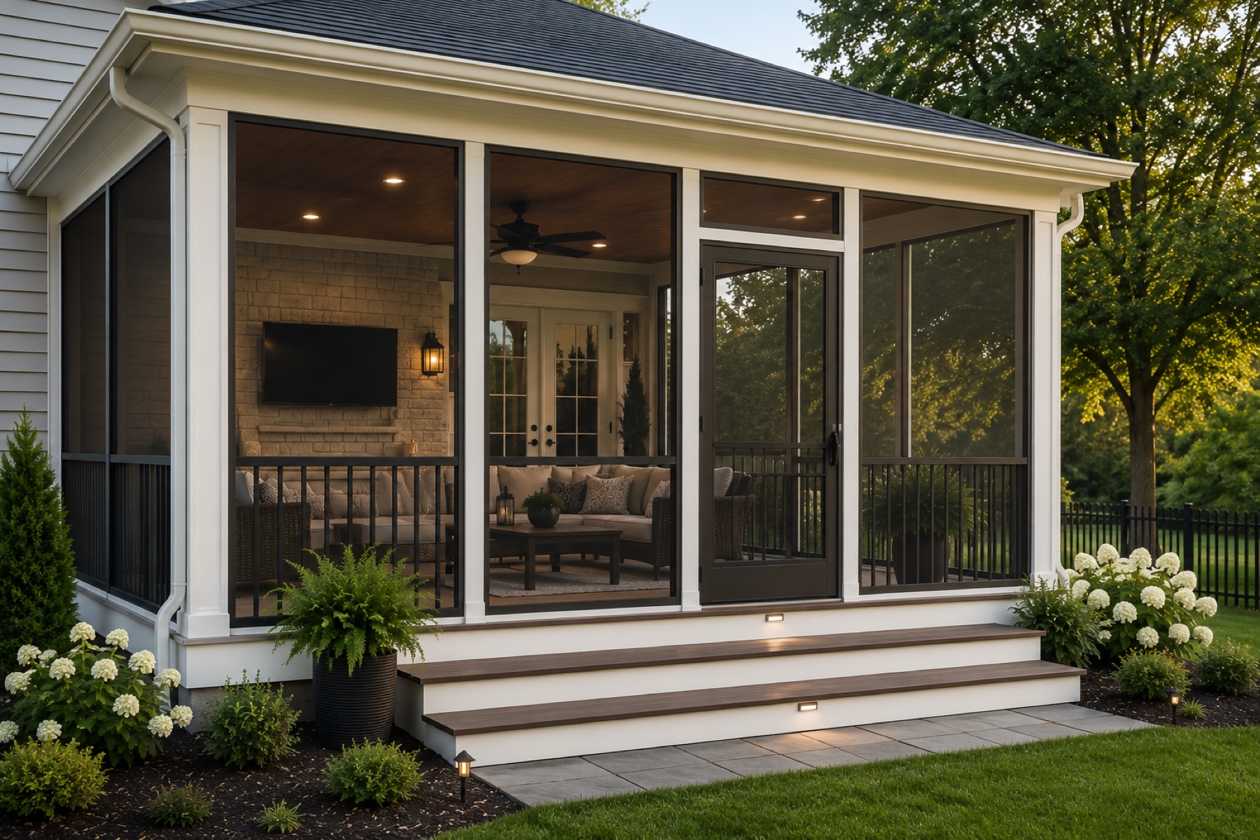 Screened porch with lit interior and landscaping at dusk by Mission Decks